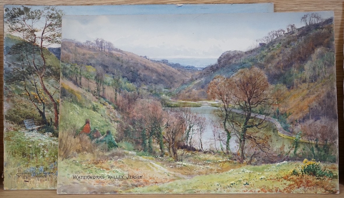 Henry John Sylvester Stannard (1870-1951), a set of three watercolours, Channel Islands; Views of Jersey and Guernsey to include Fermanagh Point and Waterworks Valley, two signed, 27 x 40cm, unframed. Condition - fair-go